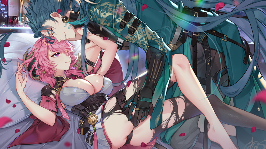 belt breasts chinese_text clothes dragon_claw earrings green_hair hand_on_another's_thigh highres jewelry jiyan_(wuthering_waves) medium_breasts multiple_belts orange_sekaii petals pink_eyes pink_hair rose_petals seductive_smile smile taoqi_(wuthering_waves) tassel tassel_earrings thigh_belt thigh_strap torn_clothes wuthering_waves