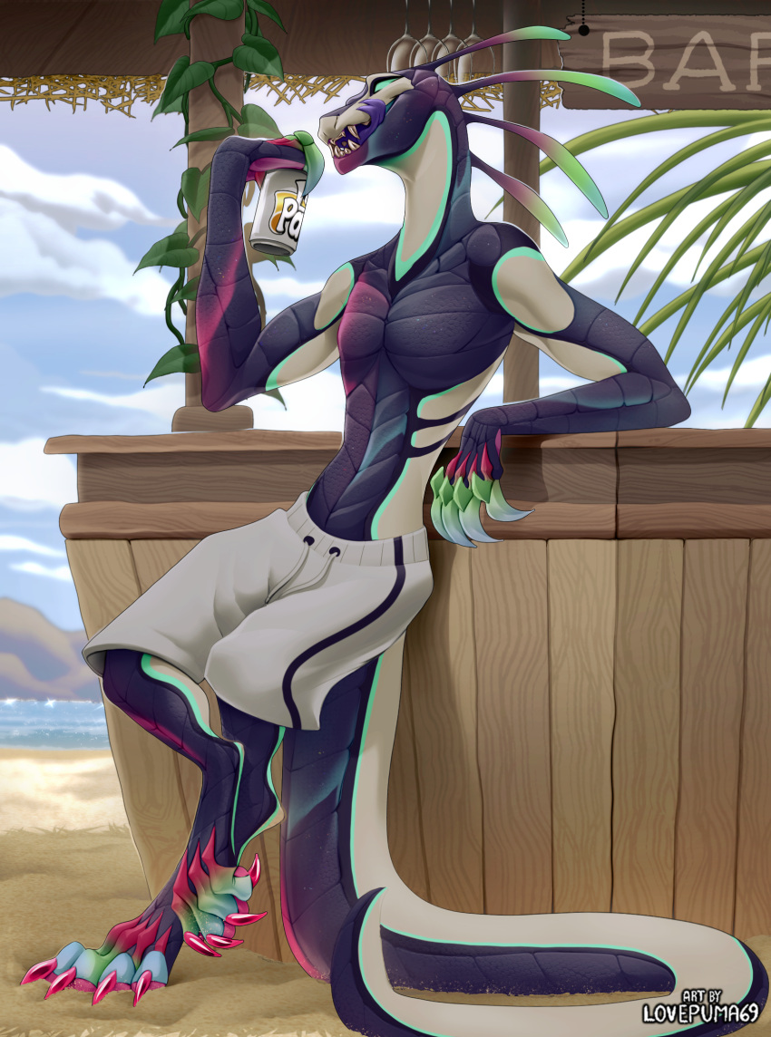 artemis_landdrake bar beach beverage_can bottomwear can claws clothing container fangs forked_tongue green_eyes hi_res licking licking_lips lovepuma69 male purple_body purple_scales sand scales scalie sea seaside sharp_teeth shorts solo swimming_trunks swimwear teeth tongue tongue_out water