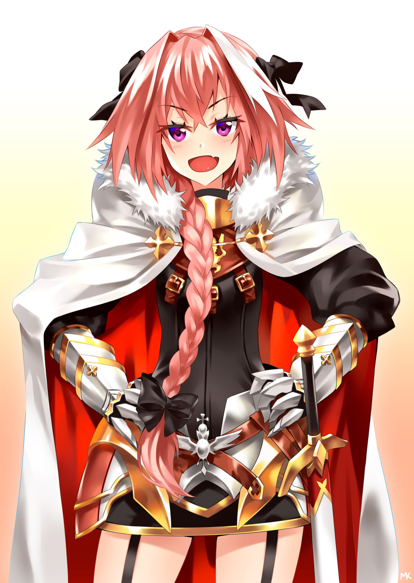 absurdres astolfo_(fate) bad_link black_bow blush bow braid cape fang fate/apocrypha fate/grand_order fate_(series) fur-trimmed_cape fur_trim garter_straps gauntlets hair_bow hair_intakes highres long_braid long_hair male_focus mk_(lazymk) multicolored_hair open_mouth otoko_no_ko pink_hair purple_eyes ribbon single_braid skin_fang smile solo streaked_hair sword two-sided_cape two-sided_fabric weapon white_cape white_hair