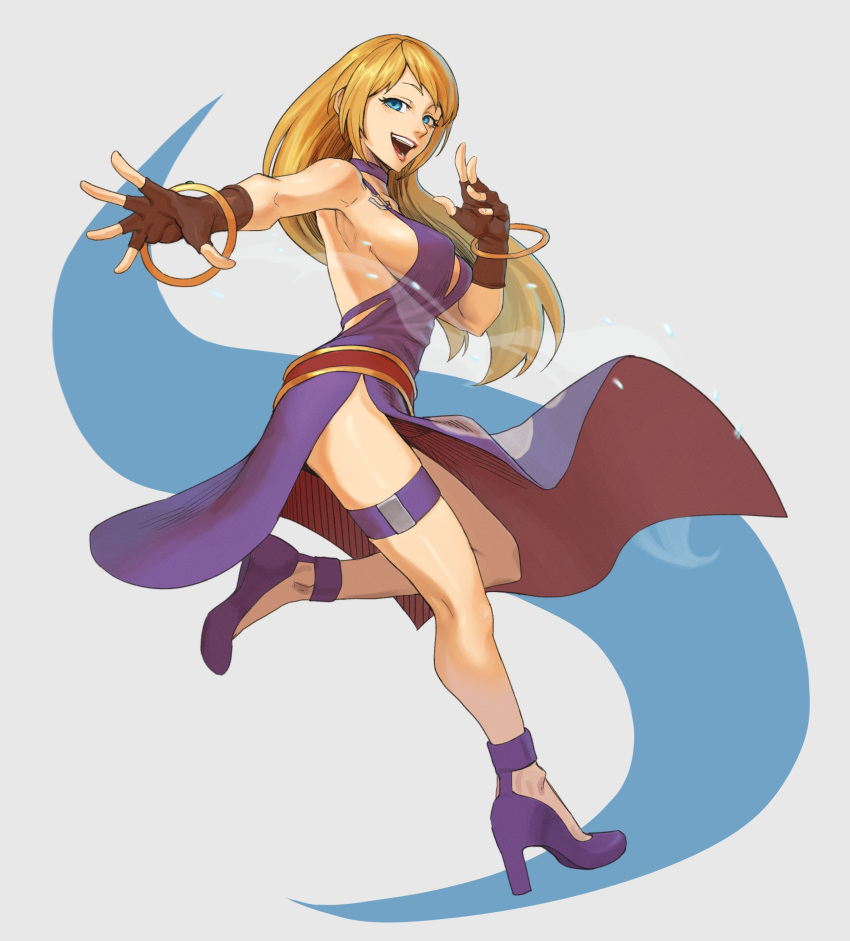 1girl absurdres bangle bare_shoulders belt black_gloves blonde_hair blue_eyes bracelet breasts choker cleavage dress ehkcaio fatal_fury fingerless_gloves full_body gloves highres jenet_behrn jewelry large_breasts long_hair looking_at_viewer loose_belt purple_choker purple_dress purple_footwear smile standing standing_on_one_leg the_king_of_fighters the_king_of_fighters_xv thigh_strap