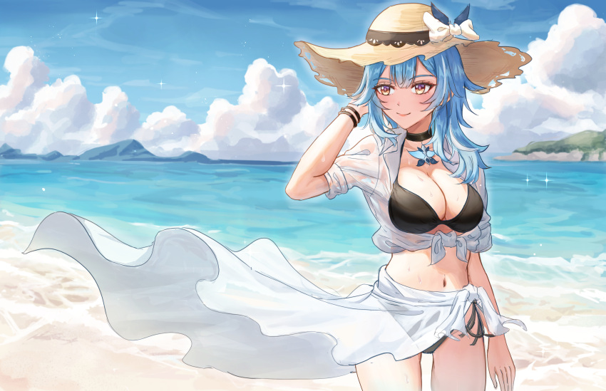 1girl absurdres beach bikini black_bikini blue_hair bow breasts bryantlee998 choker clothing_request day eula_(genshin_impact) genshin_impact hat highres large_breasts medium_breasts medium_hair multicolored_eyes ocean purple_eyes sarong smile solo sun_hat swimsuit yellow_eyes