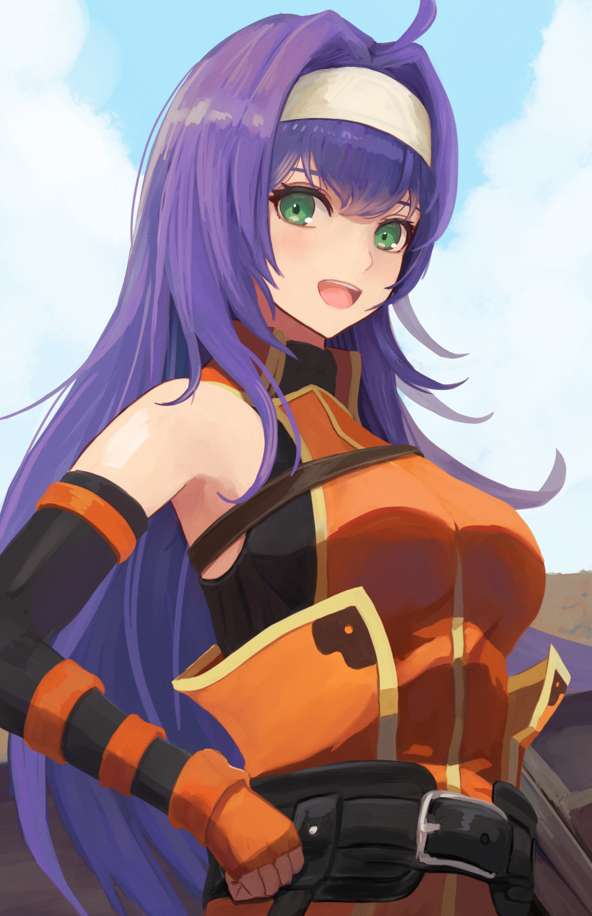 1girl :d ahoge aqua_eyes bare_shoulders belt belt_buckle black_belt blue_sky breasts buckle cloud day fingerless_gloves fire_emblem fire_emblem:_path_of_radiance fire_emblem:_radiant_dawn gloves hair_between_eyes hair_intakes hairband hand_on_own_hip highres labebebe_lee long_hair medium_breasts mia_(fire_emblem) open_mouth orange_gloves outdoors purple_hair sky sleeveless smile solo teeth upper_teeth_only very_long_hair white_hairband