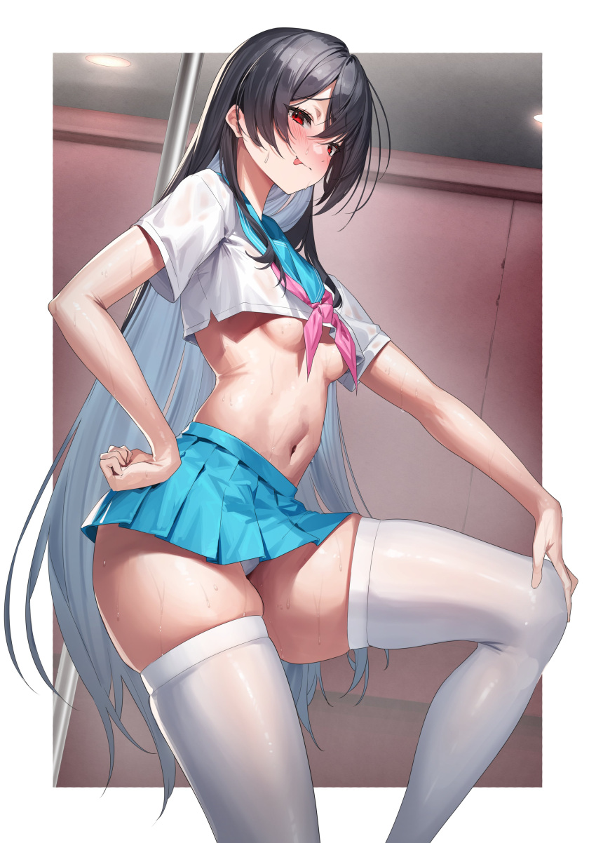 1girl :p absurdres aqua_skirt black_hair blush breasts closed_mouth commentary_request from_side hand_on_own_hip highres looking_at_viewer medium_breasts miniskirt navel original paid_reward_available panties pleated_skirt red_eyes revision shirt short_sleeves skindentation skirt solo standing stomach stripper_pole sweat thighhighs thighs tongue tongue_out underwear wet white_panties white_shirt white_thighhighs yamanokami_eaka