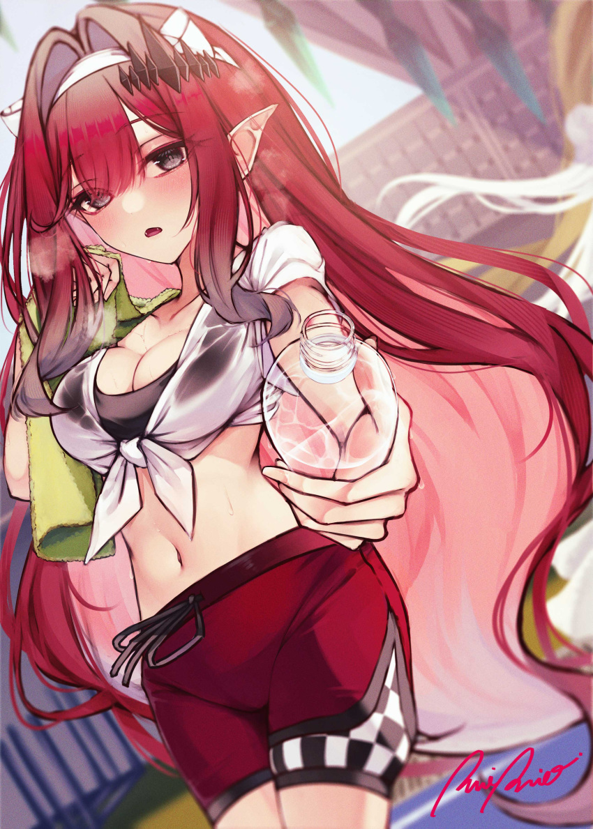 1girl absurdres baobhan_sith_(fate) black_sports_bra blush bottle breasts breath cleavage day fang fate/grand_order fate_(series) grey_eyes hair_ornament hand_up headband highres holding holding_bottle holding_towel long_hair looking_at_viewer navel open_mouth outdoors pointy_ears red_hair red_shorts see-through see-through_shirt shirt short_sleeves shorts sidelocks signature solo spica/kanade sports_bra sportswear sunlight sweat tied_shirt towel water_bottle white_headband wiping_sweat