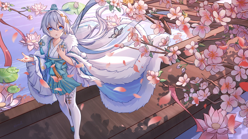 1girl :o absurdres blue_eyes branch bug butterfly cherry_blossoms chinese_clothes chinese_commentary commentary_request flower from_above hair_between_eyes hair_ornament highres hinata_mr_assassin holding honkai_(series) honkai_impact_3rd lily_pad long_hair long_sleeves looking_at_viewer lotus open_mouth outdoors petals pink_flower skirt smile solo theresa_apocalypse theresa_apocalypse_(starlit_astrologos) thighhighs water white_hair white_thighhighs wide_sleeves zhuge_kongming_(honkai_impact)