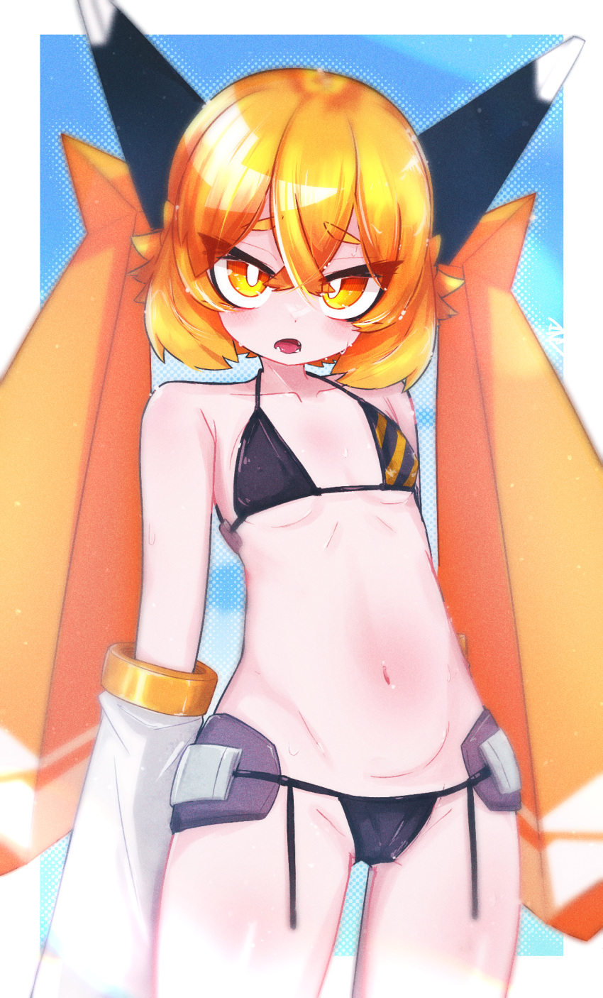 1girl bare_shoulders bikini black_bikini blue_background blush border breasts commentary_request cowboy_shot detached_sleeves hair_between_eyes highres ine_2 long_hair looking_at_viewer mochibe_(ine_2) navel open_mouth orange_eyes orange_hair original outside_border signature small_breasts solo standing string_bikini swimsuit teeth twintails very_long_hair wet wet_clothes wet_swimsuit white_border
