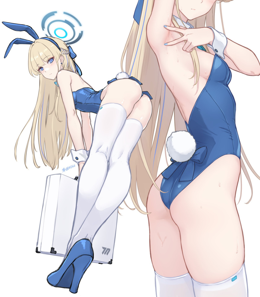 1girl armpits ass blue_archive blue_eyes blue_footwear blue_leotard blush breasts briefcase bunny_day dan_(kumadan) expressionless fake_tail from_side halo high_heels highres leaning_forward leotard long_hair looking_at_viewer multiple_views presenting_armpit rabbit_tail skindentation small_breasts solo strapless strapless_leotard tail thighhighs thighs toki_(blue_archive) toki_(bunny)_(blue_archive) very_long_hair wet white_background white_thighhighs wrist_cuffs