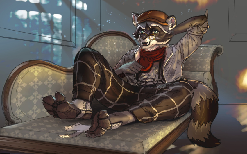 clothed clothing eyewear feet glasses hi_res male mammal open_clothing open_shirt open_topwear procyonid raccoon redsummer shirt sitting solo spats topwear