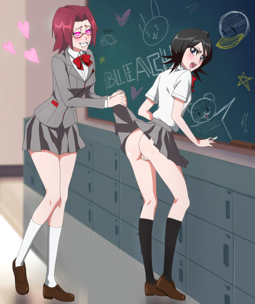 2girls alternate_hairstyle angry ass black_hair black_socks bleach bleach:_the_thousand-year_blood_war blonde_hair blush blush_stickers board_eraser body_blush bow breasts brown_footwear chalk chalkboard classroom cleft_of_venus clothes_lift clothes_pull drawing drooling embarrassed feet_up fingernails full_body grey_shirt grey_skirt heart heart-shaped_pupils highres holding holding_chalk honshou_chizuru indoors knees_together_feet_apart kuchiki_rukia leaning_forward legs locker long_sleeves looking_at_viewer looking_down looking_to_the_side miniskirt multiple_girls non-web_source open_mouth original pale_skin petite purple_eyes pussy red_bow red_hair rozuberry school school_uniform shiny_skin shirt short_hair short_sleeves size_difference skirt skirt_lift skirt_pull small_breasts socks standing surprised symbol-shaped_pupils teeth thighhighs uniform upskirt white_shirt white_socks