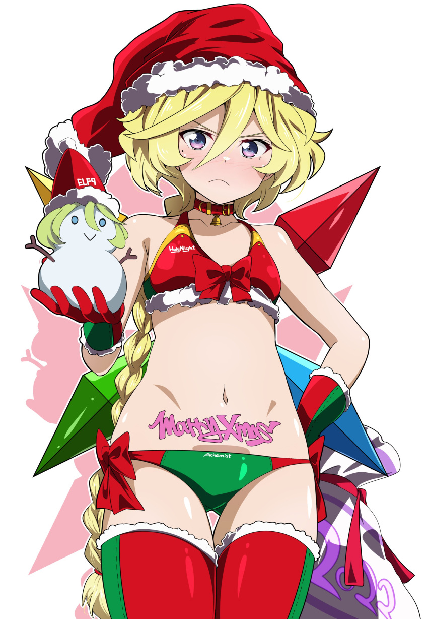 1girl absurdres bell blonde_hair blue_eyes blush braid braided_ponytail breasts carol_malus_dienheim christmas closed_mouth collar embarrassed gloves hand_on_own_hip hat highres long_hair looking_at_viewer mole mole_under_eye multicolored_eyes navel neck_bell pink_eyes ponytail santa_costume santa_hat senki_zesshou_symphogear small_breasts solo tanashi_(mk2) thighhighs