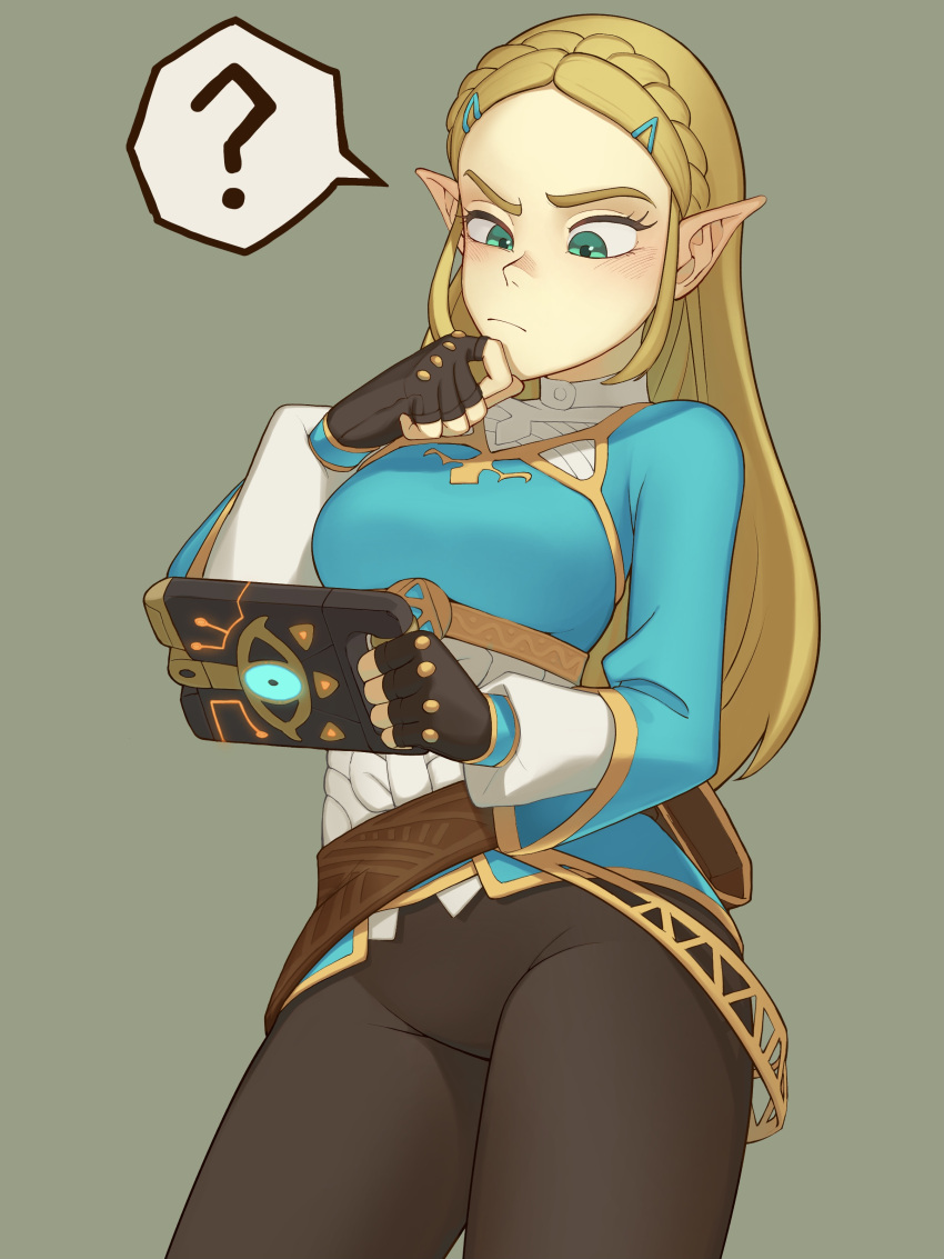 1girl ? absurdres black_gloves black_pants blonde_hair blue_shirt braid fingerless_gloves gloves green_eyes hand_on_own_chin highres holding long_hair meikaa pants pointy_ears princess_zelda shirt solo standing stroking_own_chin the_legend_of_zelda the_legend_of_zelda:_breath_of_the_wild thinking thought_bubble
