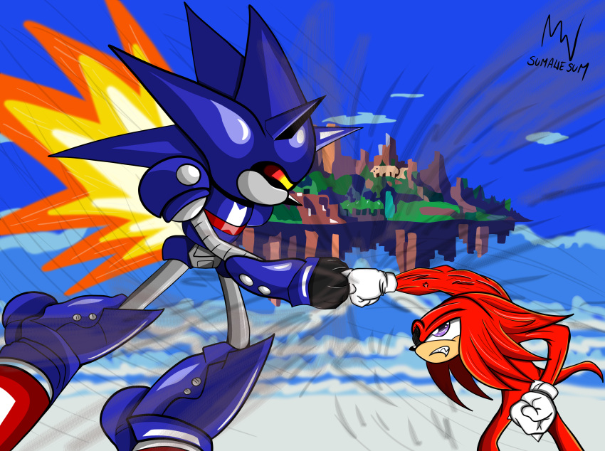 absurd_res angel_island anthro battle biped blue_body clothing duo echidna fangs fight fighting_pose fist fur hair handwear hi_res jet_pack knuckles_the_echidna living_machine machine male male/male mammal mecha_sonic mittens monotreme muscular pose purple_eyes red_body red_fur red_hair robot sega sonic_the_hedgehog_(series) sumawesum teeth