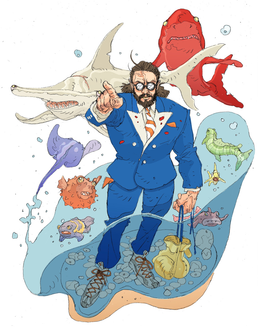 1boy absurdres beard blue_jacket blue_pants brown_hair facial_hair fish glasses gramanhfolcwald hammerhead_shark highres jacket looking_at_viewer medium_hair necktie pants partially_submerged pointing sam_hyde shark simple_background solo white_background