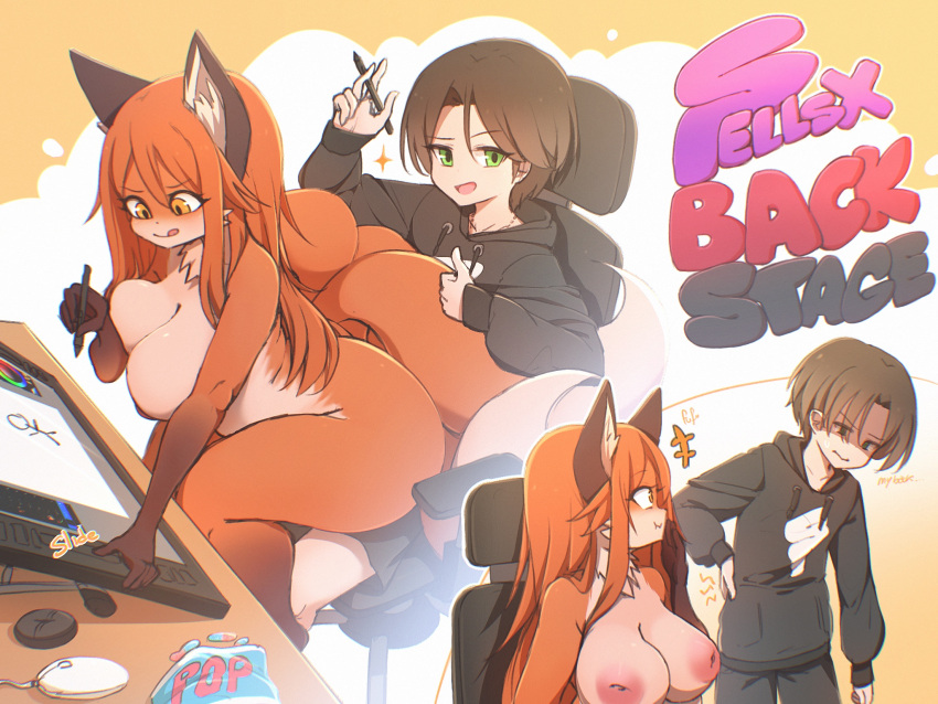 amber_eyes anthro areola back_pain big_breasts big_butt big_ears black_hair breasts butt canid canine chair clothed clothing computer_mouse digital_media_(artwork) drawing duo female fox fur furniture hair heavy hi_res human inverted_nipples long_hair looking_at_viewer male mammal miyako_(spellsx) multi_tail nipples nude office_chair on_chair on_lap orange_body orange_fur simple_background sitting sitting_on_chair sitting_on_lap spellsx tablet tablet_computer tablet_pen tail text thick_thighs topless white_body white_fur wide_hips