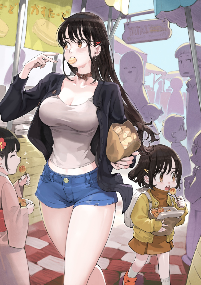 4boys 4girls absurdres ahoge backpack bag big_sister_(seojh1029) black_hair black_jacket breasts brown_choker brown_eyes buttons choker cleavage closed_eyes collarbone day denim denim_shorts earrings eating female_child flower food food_in_mouth grey_shirt hair_flower hair_ornament hairclip hand_up highres holding holding_bag jacket japanese_clothes jewelry jun_(seojh1029) kimono kiosk large_breasts little_sister_(seojh1029) long_hair long_sleeves looking_ahead macaron mouth_hold multiple_boys multiple_girls open_mouth orange_shirt orange_skirt original outdoors pink_kimono red_sash sash shirt short_hair shorts silhouette skirt socks standing takoyaki teeth upper_teeth_only walking white_bag yellow_jacket