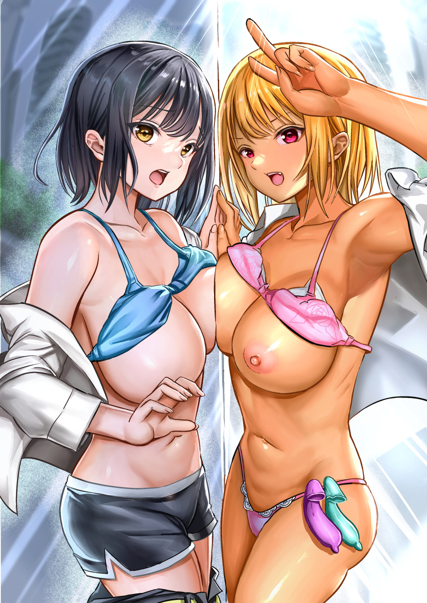 1girl absurdres bimbofication black_hair blonde_hair bra bra_lift breast_press breasts collared_shirt commentary_request commission condom condom_belt cowboy_shot dark-skinned_female dark_skin fang fingernails gyaru highres houhokekyo jacket jacket_partially_removed large_breasts looking_at_viewer multiple_condoms navel nipples original panties pink_bra pink_eyes pink_panties shirt short_hair shorts sidelocks skeb_commission smile standing stomach sunlight symmetrical_docking tan teeth thighs transformation unbuttoned unbuttoned_shirt underwear upper_teeth_only used_condom v white_jacket white_shirt yellow_eyes