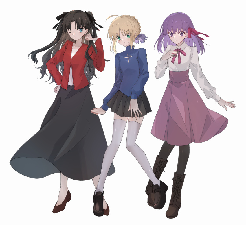 3girls absurdres ahoge artoria_pendragon_(fate) black_footwear black_pantyhose black_ribbon black_skirt blonde_hair boots braid brown_footwear collarbone collared_shirt commentary_request cosplay costume_switch cross_print fate/stay_night fate_(series) hair_ribbon hand_up high-waist_skirt highres jacket long_hair long_skirt long_sleeves matou_sakura medium_skirt miniskirt multiple_girls nayu_tundora neck_ribbon one_eye_closed palette_swap pantyhose parted_bangs pink_hair pink_ribbon pleated_skirt purple_ribbon purple_shirt red_jacket ribbon saber shirt shoes short_hair skirt thighhighs tohsaka_rin twintails white_thighhighs zettai_ryouiki