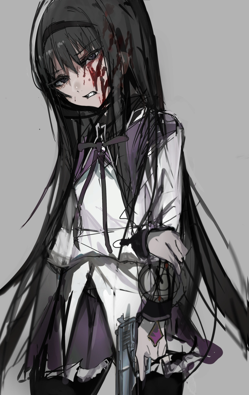 1girl absurdres akemi_homura black_hair black_pantyhose blood blood_on_face blue_eyes chuhaibane clenched_teeth dress grey_background grimace gun handgun highres long_hair looking_at_viewer mahou_shoujo_madoka_magica pantyhose sketch solo teeth very_long_hair weapon white_dress