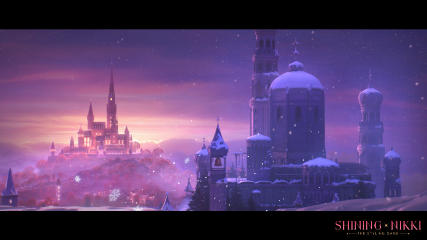 bell building castle city city_lights cityscape cloud cloudy_sky copyright_name dusk english_commentary highres night night_sky no_humans official_art official_wallpaper shining_nikki sky snow snowflakes snowing tree