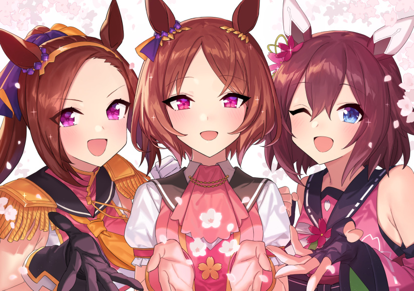 3girls :d ;d animal_ears ascot bad_link bare_shoulders blue_eyes blush brown_hair character_request chorefuji commentary_request detached_sleeves epaulettes fingerless_gloves flower gloves hair_ornament hand_up happy horse_ears long_hair looking_at_viewer multiple_girls one_eye_closed open_mouth pink_ascot ponytail purple_eyes sailor_collar shirt short_sleeves smile umamusume upper_body white_flower white_shirt