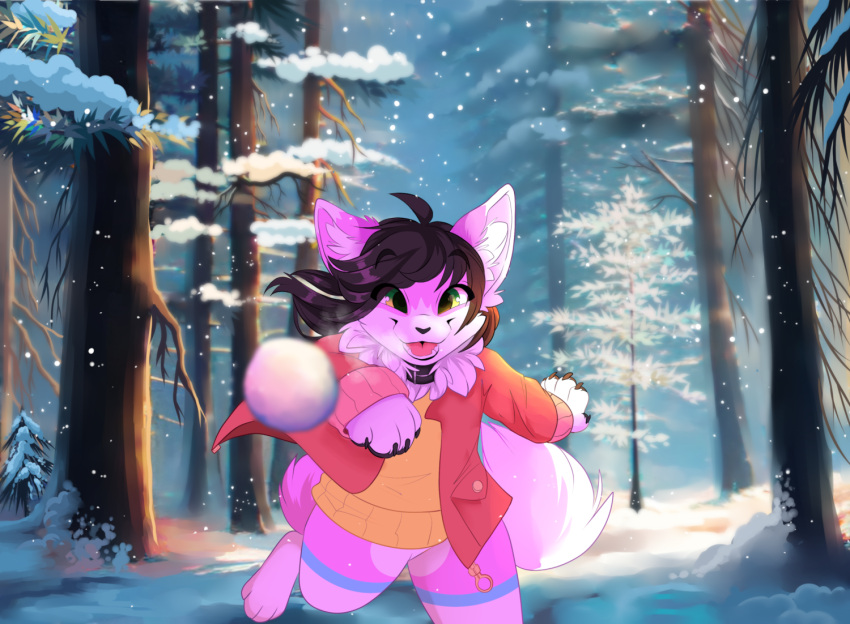 anthro biped black_hair black_nose canid canine clothing forest fox fur green_eyes hair inner_ear_fluff kidaoriginal mammal norii pink_body pink_fur plant snow snowball sweater topwear tree tuft winter_coat