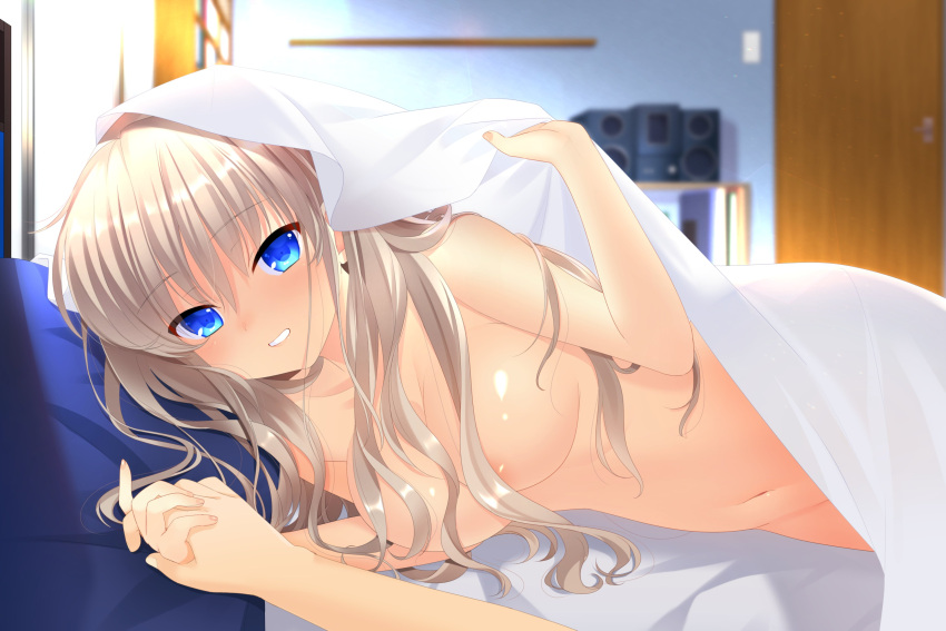 1girl absurdres blanket blue_eyes breasts charlotte_(anime) grey_hair highres holding_hands long_hair looking_at_viewer nude otou_(otou_san) smile solo tomori_nao