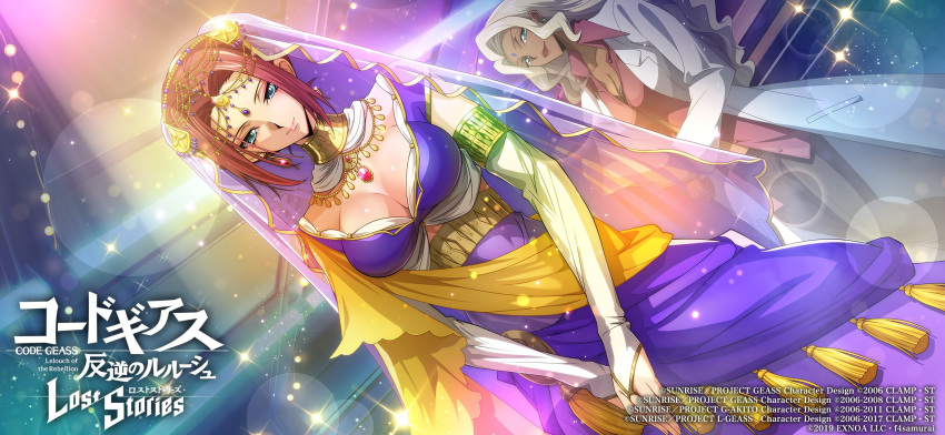 1girl arabian_clothes blue_eyes breasts cleavage code_geass code_geass:_lost_stories cosplay dress gloves hair_ornament harem_outfit highres jewelry kallen_stadtfeld large_breasts official_art partially_fingerless_gloves purple_dress red_hair short_hair solo veil