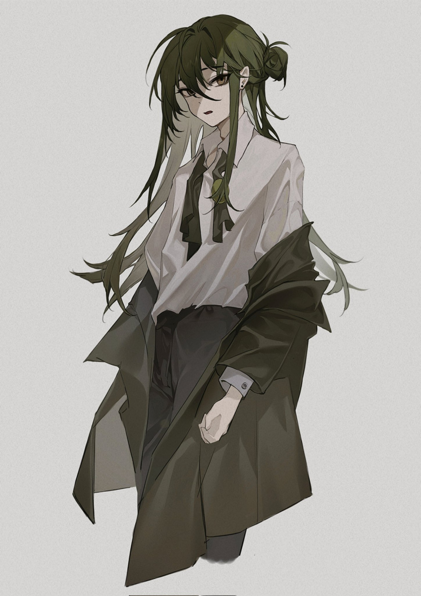 1boy ascot black_pants coat collared_shirt green_ascot green_coat green_hair hair_bun highres library_of_ruina long_hair long_sleeves netzach_(project_moon) off_shoulder one_side_up otoko_no_ko pants project_moon shirt simple_background solo sona_(lnjixn) undone_ascot very_long_hair white_background white_shirt yellow_eyes