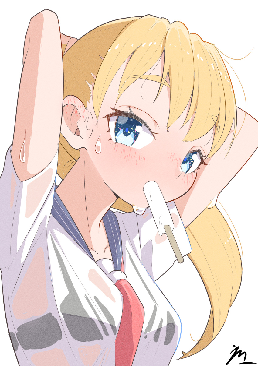 1girl absurdres arms_behind_back arms_up black_bra blonde_hair blue_eyes blush bra bra_visible_through_clothes breasts collarbone commentary emma_(3one3o) eyelashes food food_in_mouth highres messy_bangs original ponytail popsicle popsicle_in_mouth sailor_collar school_uniform see-through see-through_shirt serafuku shirt signature simple_background small_breasts sweat sweaty_clothes underwear upper_body wet wet_clothes wet_shirt white_background