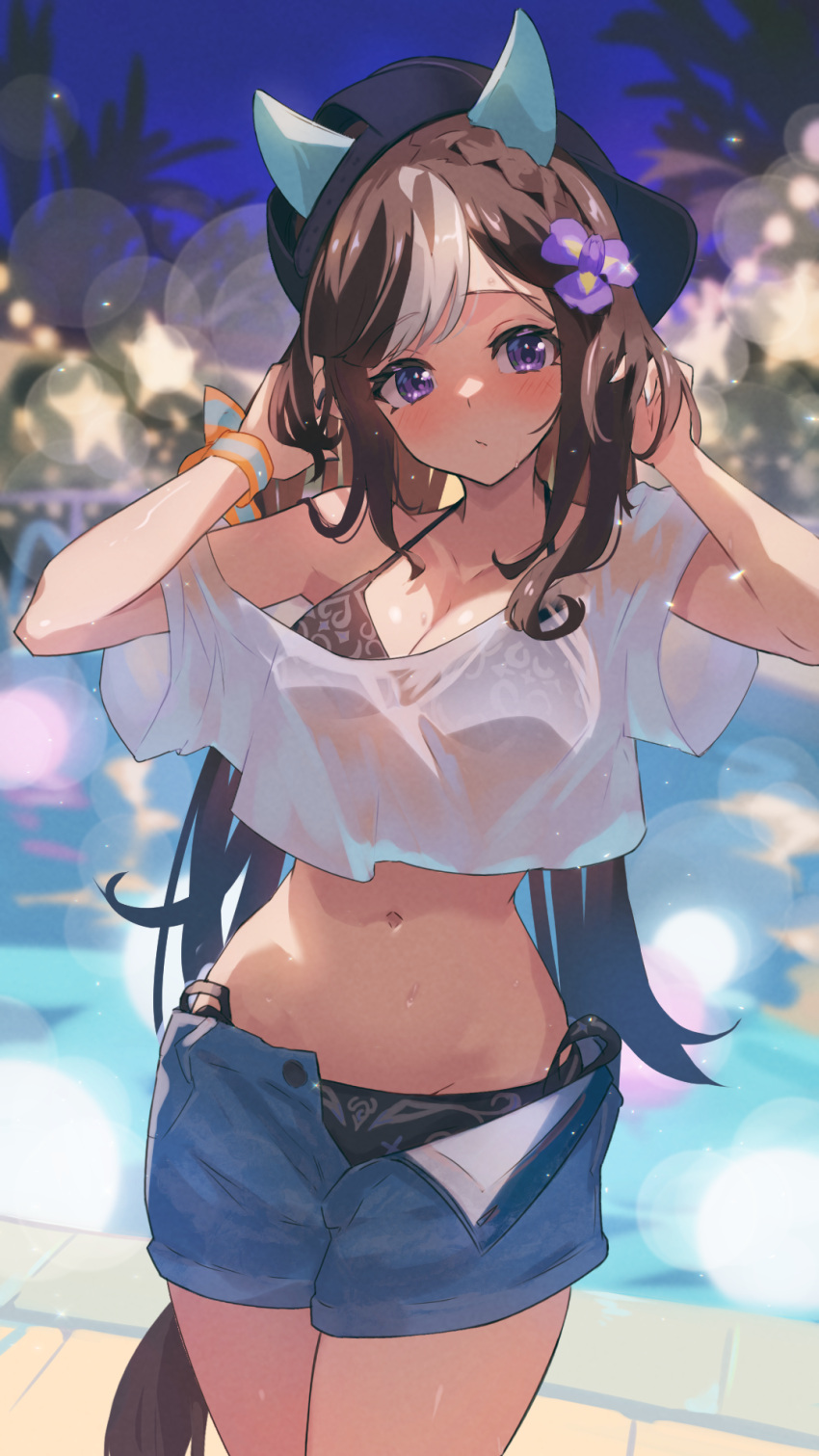 1girl animal_ears backwards_hat baseball_cap bikini bikini_under_clothes black_bikini blush braid brown_hair closed_mouth commentary_request cowboy_shot crop_top denim denim_shorts ear_covers flower hair_flower hair_ornament hands_up hat highres hokko_tarumae_(umamusume) horse_ears horse_girl horse_tail long_hair midriff multicolored_hair navel night outdoors poolside purple_eyes shirt shorts single-shoulder_shirt solo stomach swimsuit tail umamusume white_hair white_shirt yakousei_a