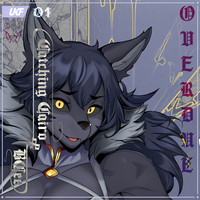 1:1 album_art anthro biceps big_breasts black_body black_ears black_fur black_nose black_sclera black_tail blue_hair breasts calupoh canid canine canis claws cleavage clothed clothing cover_art dress female finger_claws fluffy fluffy_tail front_view fur grey_inner_ear_fluff hair hi_res inner_ear_fluff kemono mammal mexican_wolf open_mouth red_tongue silver_dress smile solo tail tongue tuft were werecanid werecanine werewolf white_claws wolf wolfen_(m_the_skunk) xilent_9 yellow_eyes