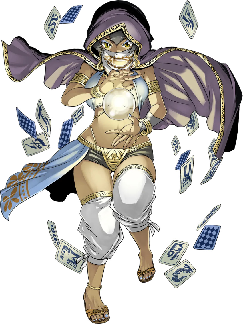 1girl black_hair blue_nails bracelet brown_shorts cape card crystal_ball dark-skinned_female dark_skin gate_of_nightmares highres hood hooded_cape jewelry mashima_hiro navel official_art panty_straps playing_card purple_cape sandals short_hair short_shorts shorts simple_background solo transparent_background valamielle_(gate_of_nightmares) yellow_eyes