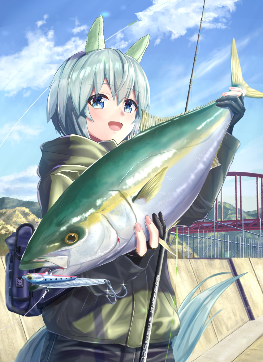 1girl absurdres animal animal_ears animal_focus bag black_gloves blue_eyes bridge cloud commentary_request fingernails fish fishing_gear fishing_hook fishing_lure fishing_rod fusou_(fuso0205) gloves grey_hair hair_between_eyes hand_up highres holding holding_animal holding_fish hood hood_down horse_ears horse_girl horse_tail jack_(fish) jacket looking_at_viewer open_mouth outdoors pants partially_fingerless_gloves seiun_sky_(umamusume) short_hair solo tail umamusume yellowtail_amberjack