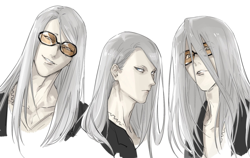 1boy alternate_hair_color black_jacket blue_eyes collage collarbone fate/grand_order fate_(series) grin hair_over_face highres jacket long_hair looking_at_viewer male_focus open_clothes open_jacket orange-tinted_eyewear simple_background smile solo sunglasses tezcatlipoca_(fate) tinted_eyewear upper_body washblackmud white_background white_hair