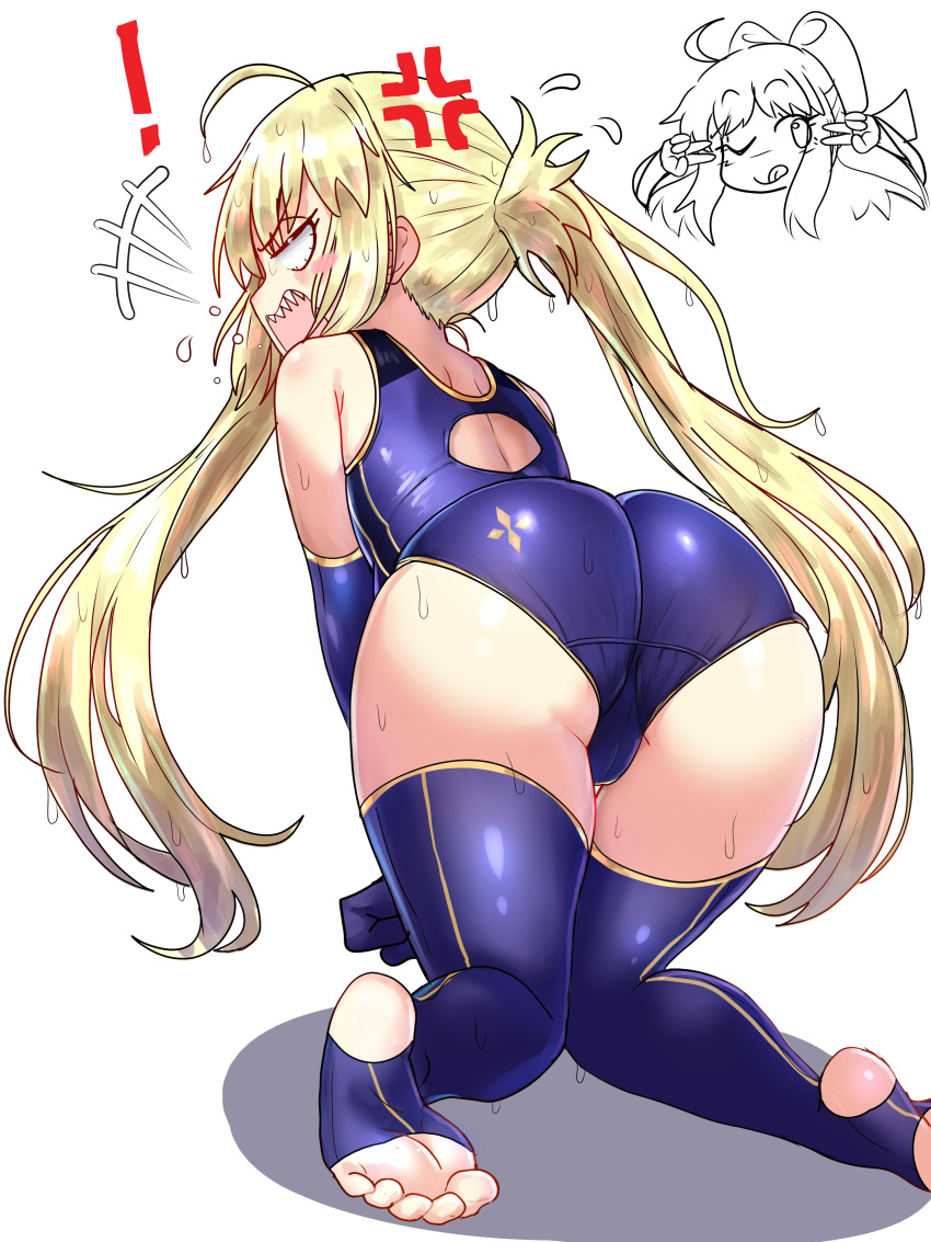 ! 1girl ;p absurdres adapted_costume ahoge all_fours alternate_costume anger_vein angry artoria_caster_(swimsuit)_(fate) ass back_cutout blonde_hair blue_gloves blue_one-piece_swimsuit blue_thighhighs clothing_cutout double_v ebora elbow_gloves english_commentary fate/grand_order fate_(series) from_behind gloves highleg highleg_swimsuit highres long_hair looking_back one-piece_swimsuit one_eye_closed sharp_teeth shouting stirrup_legwear swimsuit teeth thighhighs toeless_legwear toes tongue tongue_out twintails v wet white_background