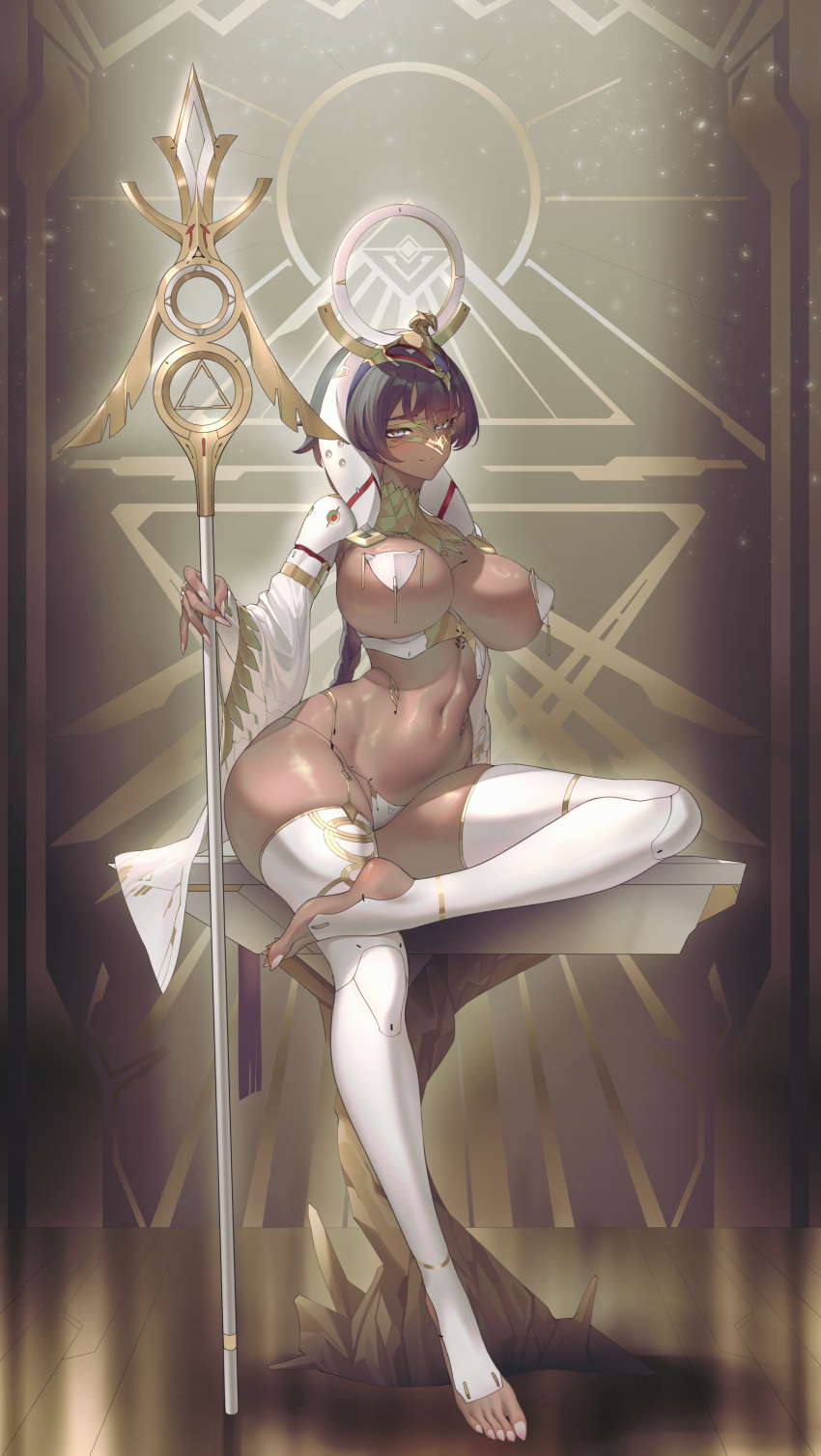 1girl absurdres bare_shoulders barefoot blush breasts closed_mouth covered_nipples curvy dark-skinned_female dark_skin egypt egyptian full_body has_bad_revision has_watermarked_revision headgear highres large_breasts looking_at_viewer maebari mecha_musume navel on_table original pasties revealing_clothes sitting smile solo staff suerte table thick_thighs thighhighs thighs