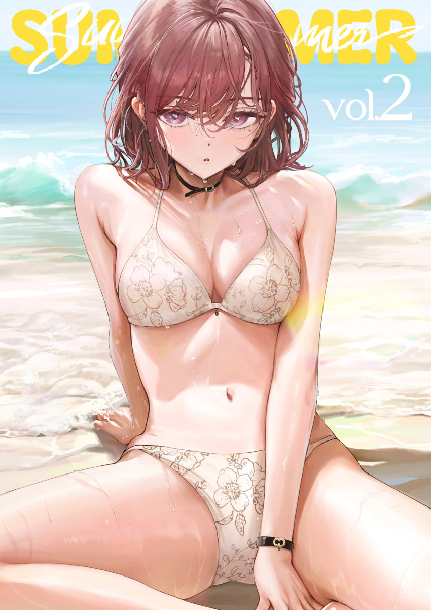 1girl :o ame_(uten_cancel) arm_behind_back arm_support beach belt_collar between_legs bikini black_choker blush breasts brown_hair choker cleavage collar collarbone comiket_102 commentary cover cover_page doujin_cover floral_print halterneck hand_between_legs hand_on_ground highres higuchi_madoka hip_bones horizon idolmaster idolmaster_shiny_colors leaning_back looking_at_viewer medium_breasts mole mole_under_eye navel ocean on_ground outdoors print_bikini red_eyes sand seaside shore sitting sky solo spread_legs stomach string_bikini sweatdrop swimsuit symbol-only_commentary upturned_eyes waves wet white_bikini wristband