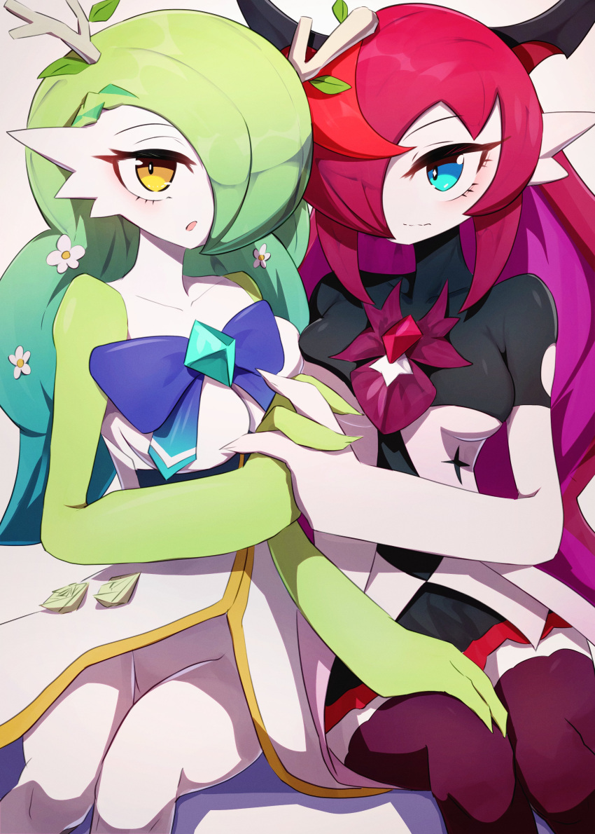 2girls absurdres animalization black_skirt black_thighhighs blue_eyes blush ceres_fauna cosplay dress erica_hartmann flower gardevoir gardevoir_(cosplay) getto grey_hair hair_flower hair_ornament hair_over_one_eye hand_on_another's_thigh heart heart_hands heart_hands_duo highres hololive hololive_english interlocked_fingers invisible_chair irys_(hololive) looking_at_viewer multiple_girls open_mouth pink_hair pokemon pokemon_(creature) sitting skirt thighhighs white_dress yellow_eyes