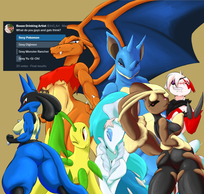 2023 anthro bayleef breasts canid canine canis charizard domestic_dog dragon english_text fangs female generation_1_pokemon generation_2_pokemon generation_3_pokemon generation_4_pokemon generation_7_pokemon group herpestid hi_res lagomorph leporid lizard lopunny lucario mammal marine mega_evolution mega_lopunny membrane_(anatomy) membranous_wings mongoose nidoqueen nintendo pinniped pokemon pokemon_(species) primarina project00wolfen rabbit reptile scalie screencap seal simple_background teeth text wings zangoose