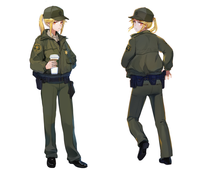 1girl absurdres baseball_cap belt black_belt black_footwear blonde_hair brown_eyes brown_shirt collared_shirt commentary cup disposable_cup drink english_commentary full_body green_headwear green_jacket green_pants gun handgun hat highres holding holding_cup holding_drink holster holstered_weapon jacket long_hair long_sleeves looking_at_viewer looking_back los_angeles_county_sheriff's_department multiple_views original pants patch police police_uniform policewoman ponytail sheriff sheriff_badge shirt shoes sidelocks simple_background standing tuzik10 uniform utility_belt weapon white_background