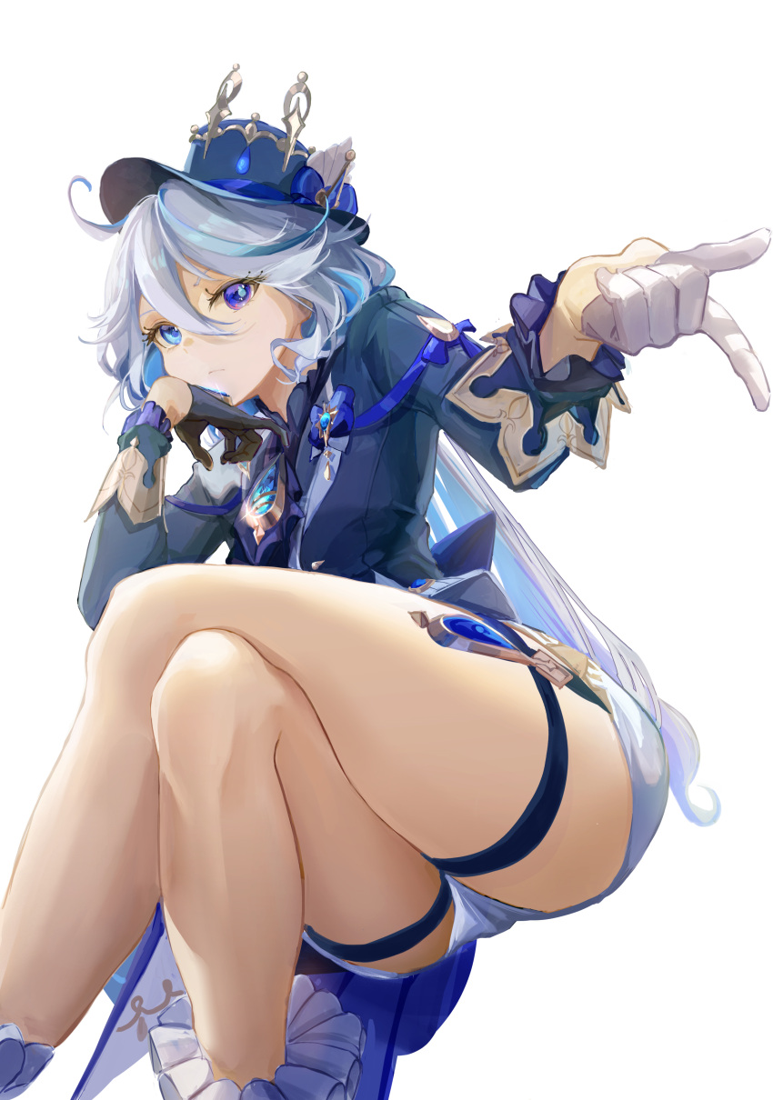 1girl absurdres ahoge asymmetrical_gloves black_gloves blue_eyes blue_hair blue_headwear blue_jacket brooch commentary_request crossed_legs feet_out_of_frame furina_(genshin_impact) fusyo_fuka genshin_impact gloves hair_between_eyes hat heterochromia highres jacket jewelry legs looking_at_viewer mismatched_gloves purple_eyes short_shorts shorts simple_background sitting solo thick_thighs thigh_strap thighs top_hat white_background white_gloves white_shorts