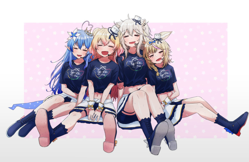 4girls =_= animal_ears biten black_shirt blonde_hair blue_footwear blue_hair boots crown fox_ears full_body grey_hair hat head_on_another's_shoulder headpiece heads_together highres hololive hololive_idol_uniform_(bright) lion_ears midriff_peek mini_crown mini_hat mini_top_hat miniskirt momosuzu_nene multiple_girls navel nepolabo official_alternate_costume omaru_polka purple_eyes shirt shishiro_botan skirt sweat t-shirt tilted_headwear top_hat very_sweaty white_skirt wrist_cuffs yukihana_lamy