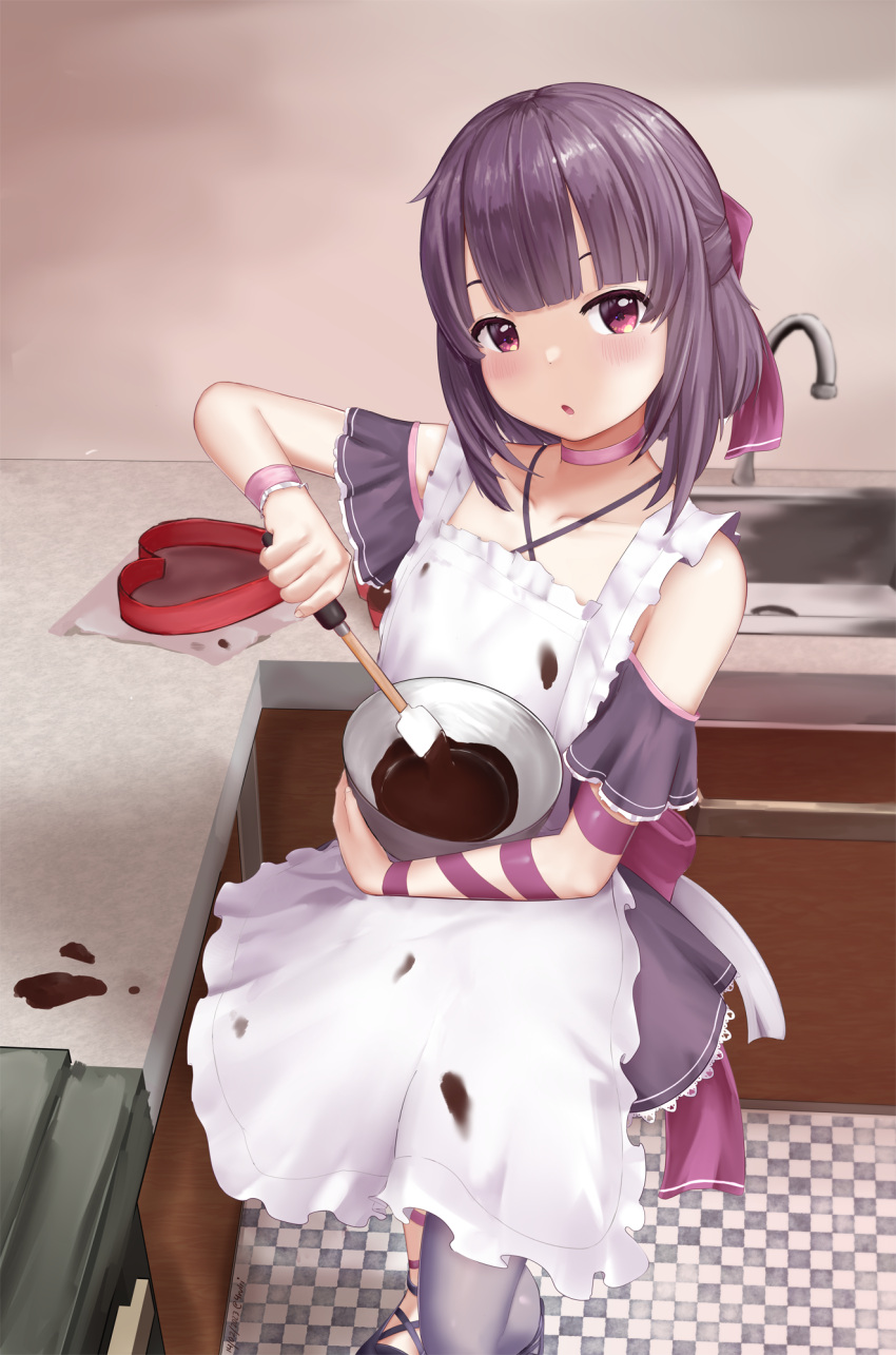 1girl apron arm_ribbon blush bow box chocolate chocolate_on_clothes choker dress fallenshadow gift gift_box hair_bow hair_ornament heart-shaped_box highres indie_virtual_youtuber looking_at_viewer medium_hair pink_choker purple_bow purple_dress purple_eyes purple_hair purple_ribbon purple_thighhighs ribbon rurikon single_thighhigh thighhighs valentine virtual_youtuber white_apron