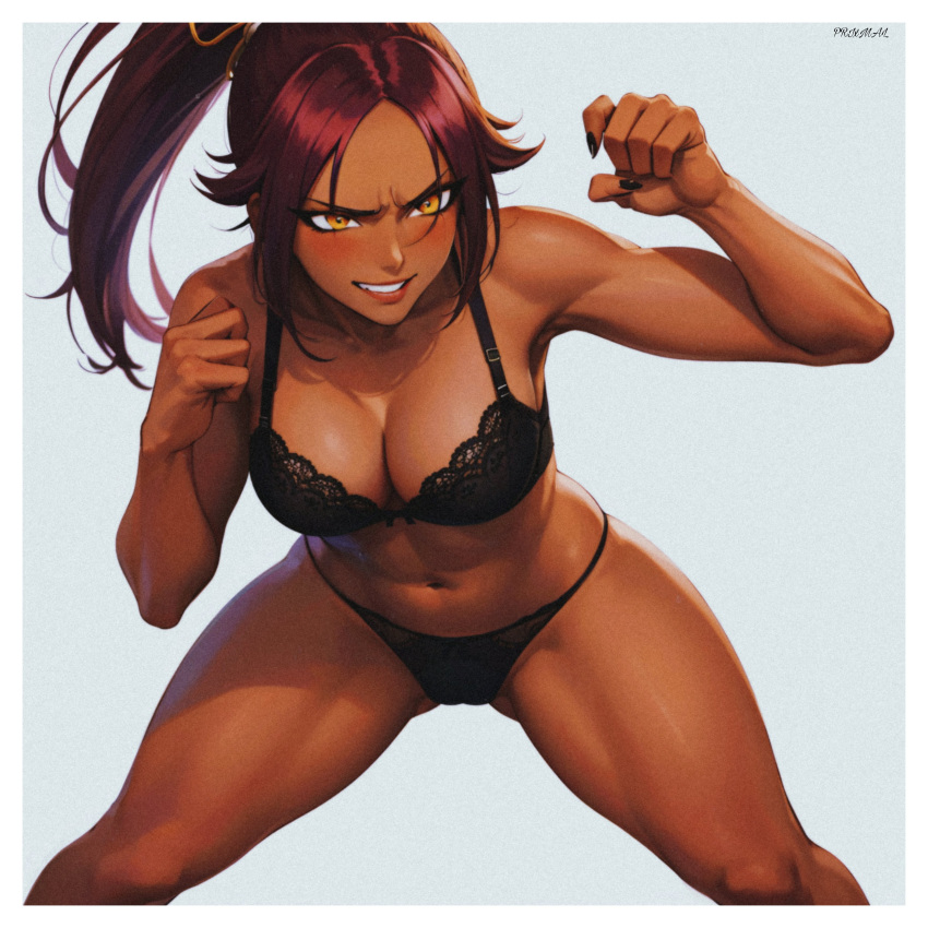 1girl absurdres ai-generated artist_name ass_visible_through_thighs black_bra black_nails black_panties black_underwear bleach blush bra breasts cleavage clenched_hands dark-skinned_female dark_skin fighting_stance highres large_breasts leaning_forward muscular muscular_female nail_polish navel orange_eyes panties parted_lips ponytail prixmal purple_hair shihouin_yoruichi smile solo thick_thighs thighs underwear underwear_only