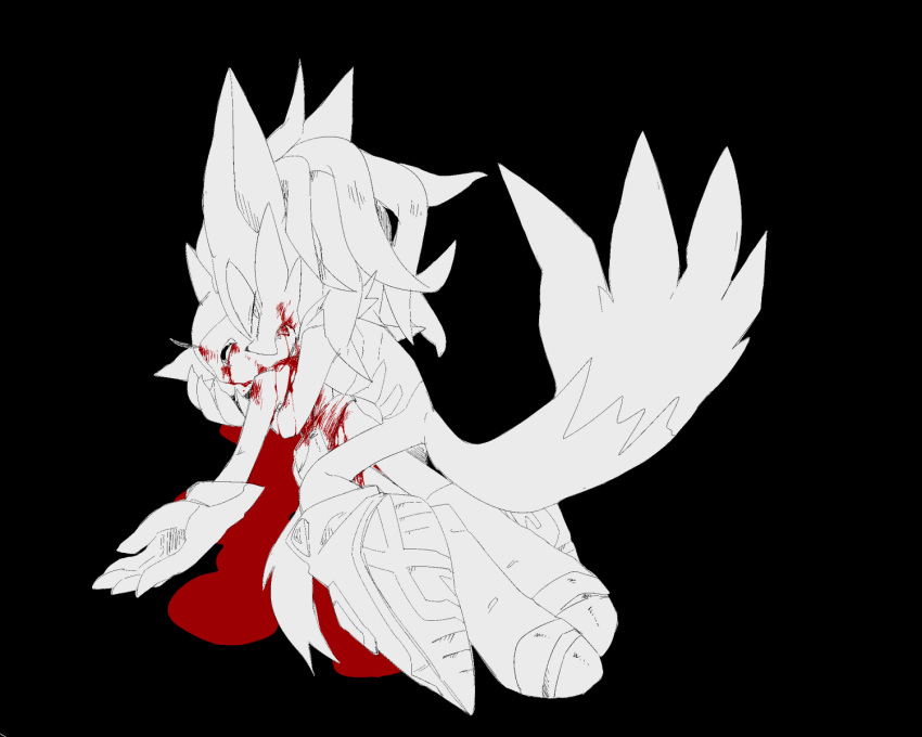 2boys animal_ears animal_nose avatar_(sonic_forces) black_background blood blood_from_mouth blood_on_teeth cannibalism fangs furry furry_male gloves highres infinite_(sonic) looking_at_viewer lying male_focus mezu_(odei) monochrome multiple_boys on_back pool_of_blood simple_background sonic_(series) spot_color tail teeth