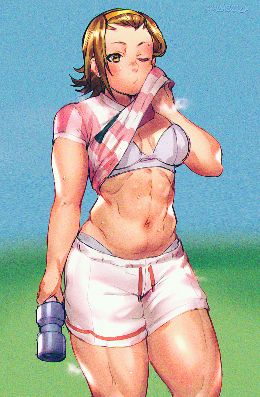 1girl alternate_muscle_size artist_name blush breasts brown_eyes brown_hair clothes_lift dated hairband highres k-on! keigi looking_at_viewer muscular muscular_female navel one_eye_closed shirt shirt_lift shorts small_breasts solo sweat tainaka_ritsu thick_thighs thighs wiping_face wiping_sweat