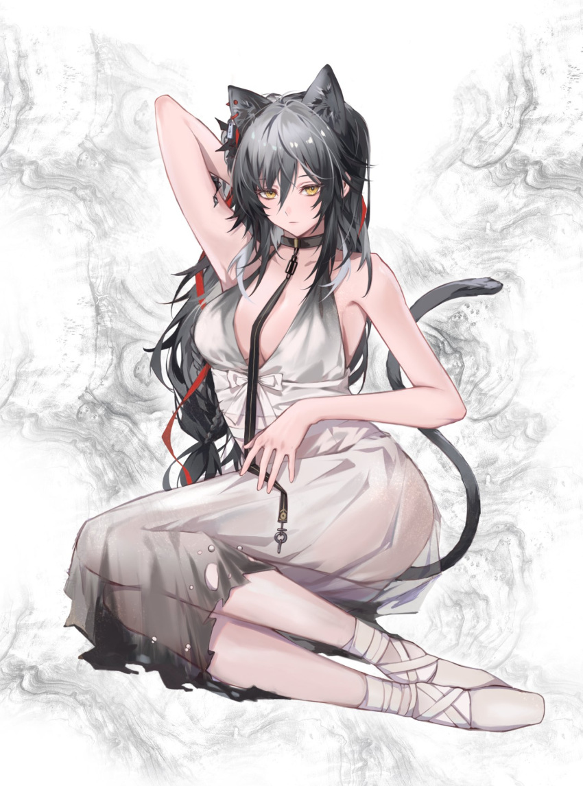 1girl animal_ears arknights armpit_crease breasts cleavage closed_mouth collar dress ear_piercing grey_fur grey_hair highres leopard_ears leopard_girl leopard_tail looking_at_viewer piercing sagi_(sagi_0116) schwarz_(arknights) see-through sitting solo tail white_dress yellow_eyes