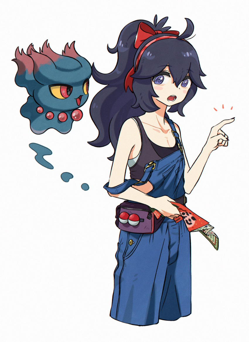 1girl @_@ ahoge alternate_costume black_bag black_hair blue_overalls bow collarbone commentary_request fanny_pack hair_between_eyes hair_bow hairband hex_maniac_(pokemon) highres holding holding_map kuronetel long_hair map misdreavus open_mouth overalls pointing pokemon pokemon_(creature) pokemon_(game) pokemon_xy ponytail red_bow red_hairband shirt sleeveless sleeveless_shirt strap_slip tank_top teeth tongue white_background