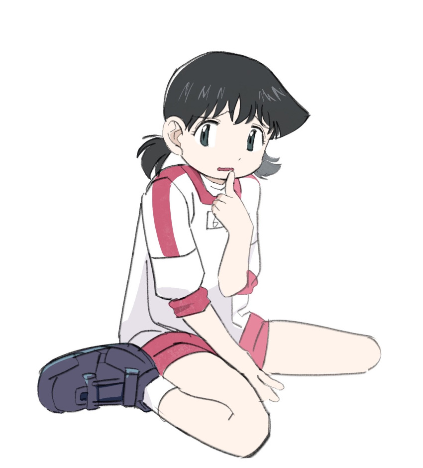 1girl alien_nine between_legs black_footwear black_hair green_eyes gym_shorts gym_uniform hand_to_own_mouth hand_up highres nnn-ollll ootani_yuri open_mouth red_shorts shirt shorts simple_background sitting solo twintails wariza white_background white_shirt