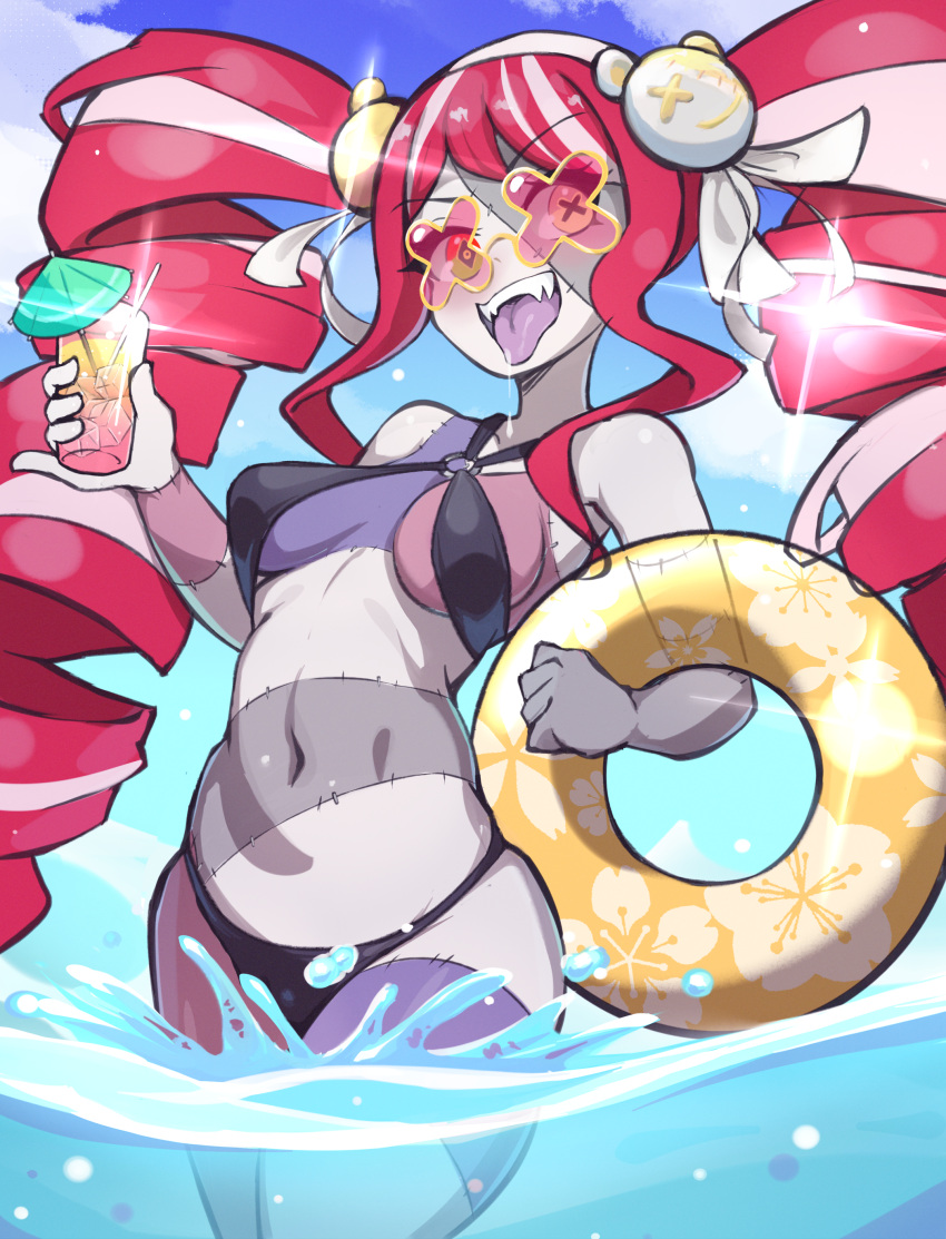 1girl absurdres beach bebatch bikini black_bikini breasts diamond-shaped_pupils diamond_(shape) drill_hair drink highres holding holding_drink holding_innertube hololive hololive_indonesia innertube kureiji_ollie kureiji_ollie_(3rd_costume) lens_flare long_hair looking_at_viewer multicolored_hair navel patchwork_skin red-tinted_eyewear red_hair small_breasts solo stitched_arm stitched_face stitched_torso stitches sunglasses swimsuit symbol-shaped_pupils tinted_eyewear tongue tongue_out twin_drills udin_(kureiji_ollie) very_long_hair virtual_youtuber wading water white_hair x-shaped_pupils zombie